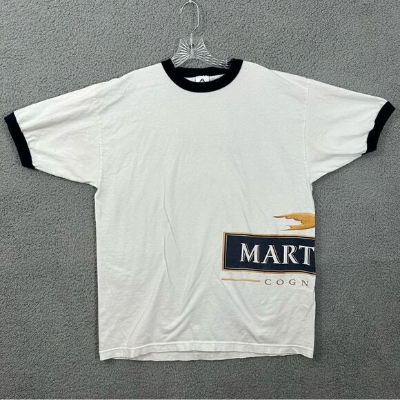 VTG 90s Martell Cognac Wrap Print XL Rise Above White Navy Ringer Tee - Picture 1 of 12